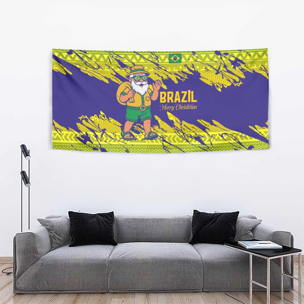 Brazil Christmas Tapestry with Tropical Santa Tribal Pattern National Colors and Merry Christmas Text Design - Wonder Print Shop