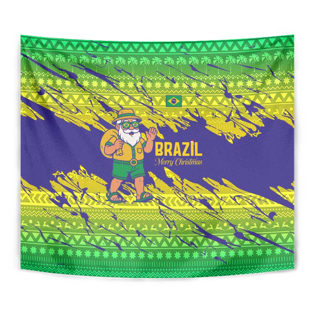Brazil Christmas Tapestry with Tropical Santa Tribal Pattern National Colors and Merry Christmas Text Design - Wonder Print Shop
