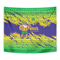 Brazil Christmas Tapestry with Tropical Santa Tribal Pattern National Colors and Merry Christmas Text Design - Wonder Print Shop