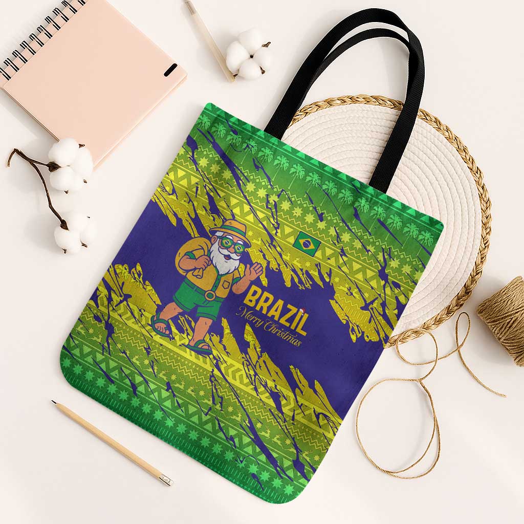 Brazil Christmas Tote Bag with Tropical Santa Tribal Pattern National Colors and Merry Christmas Text Design - Wonder Print Shop
