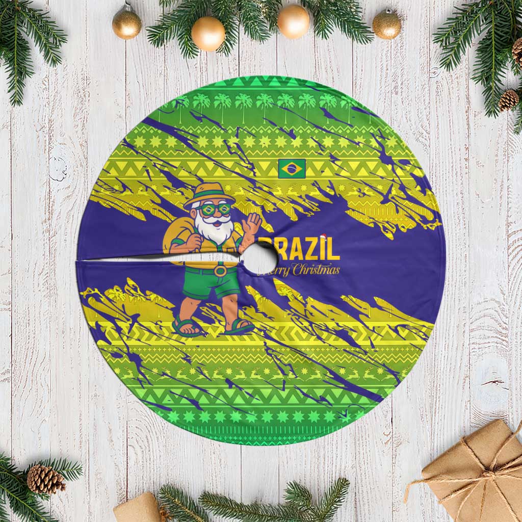Brazil Christmas Tree Skirt with Tropical Santa Tribal Pattern National Colors and Merry Christmas Text Design - Wonder Print Shop