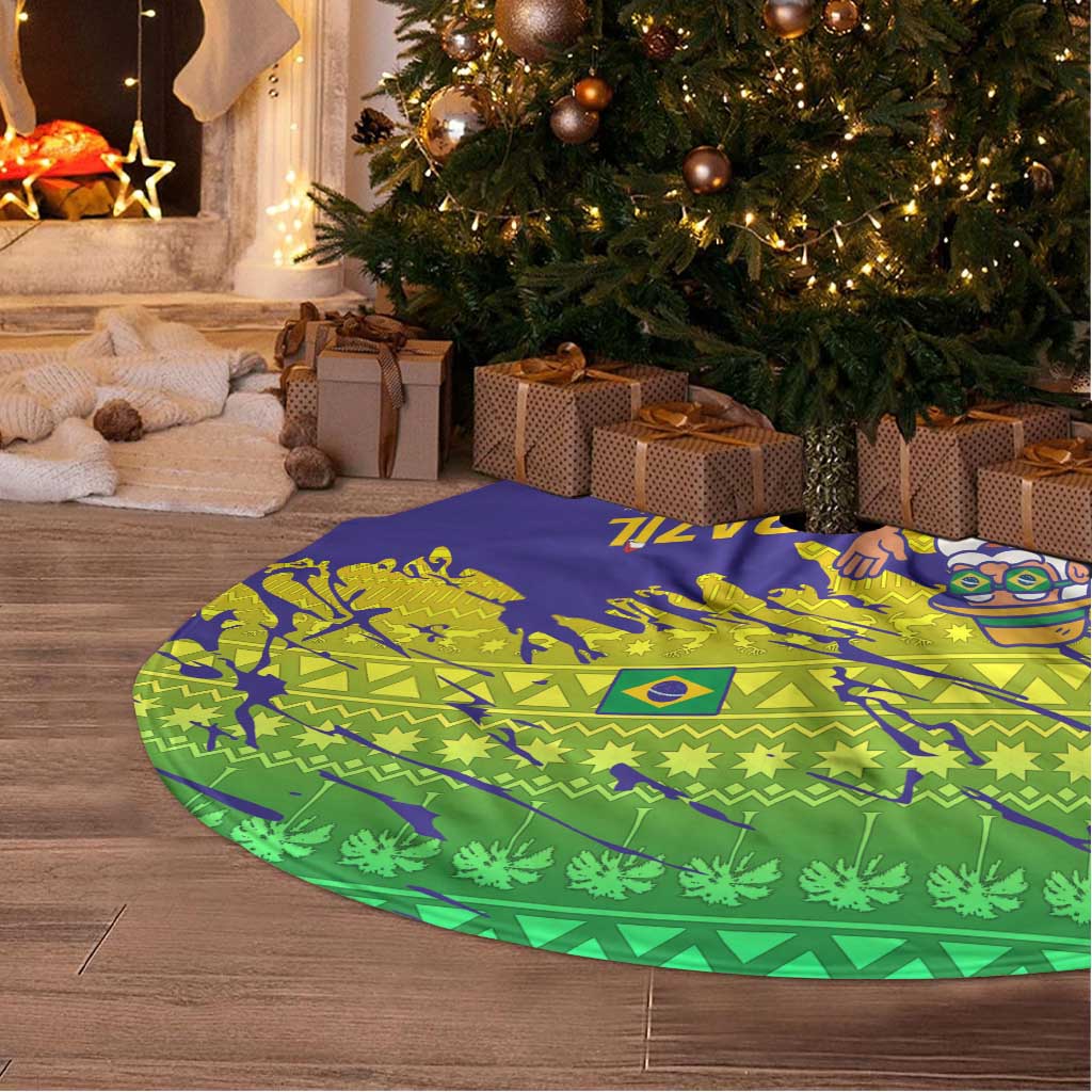 Brazil Christmas Tree Skirt with Tropical Santa Tribal Pattern National Colors and Merry Christmas Text Design - Wonder Print Shop