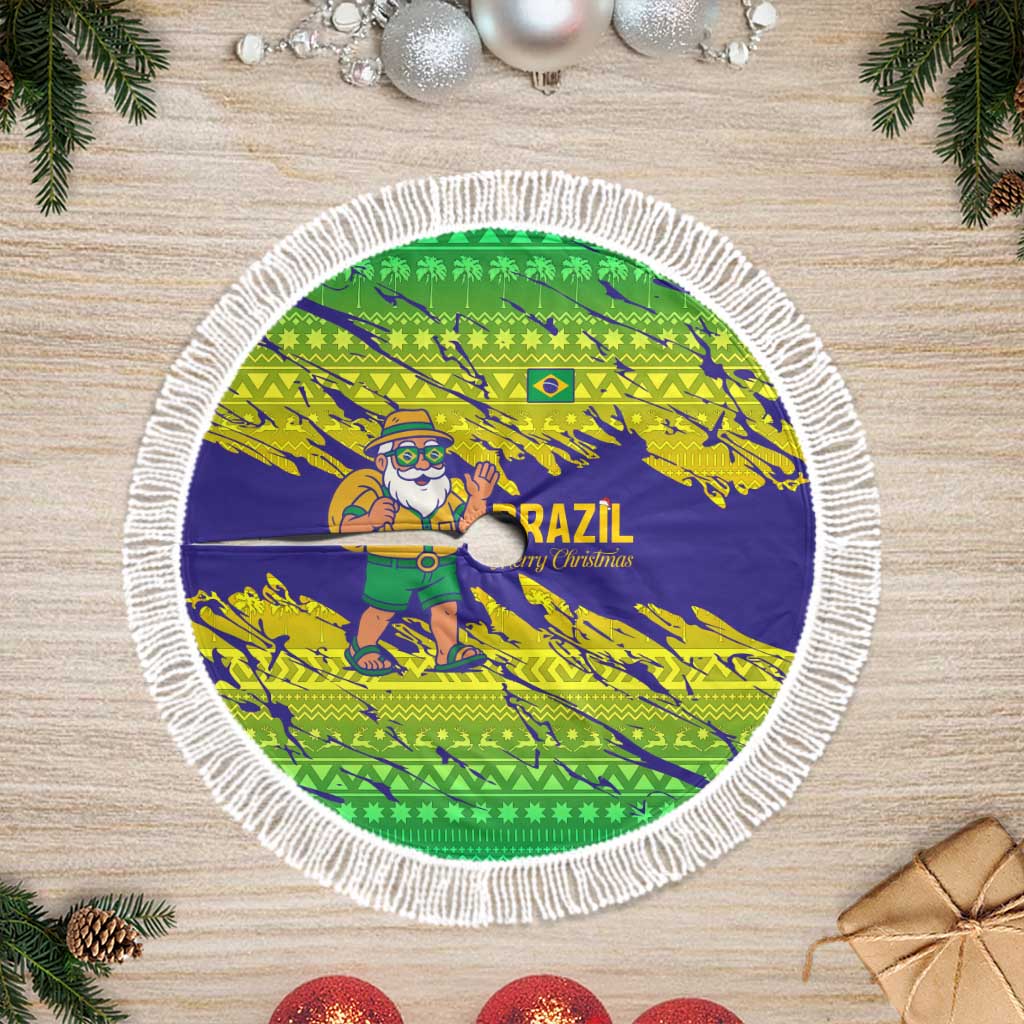 Brazil Christmas Tree Skirt with Tropical Santa Tribal Pattern National Colors and Merry Christmas Text Design - Wonder Print Shop
