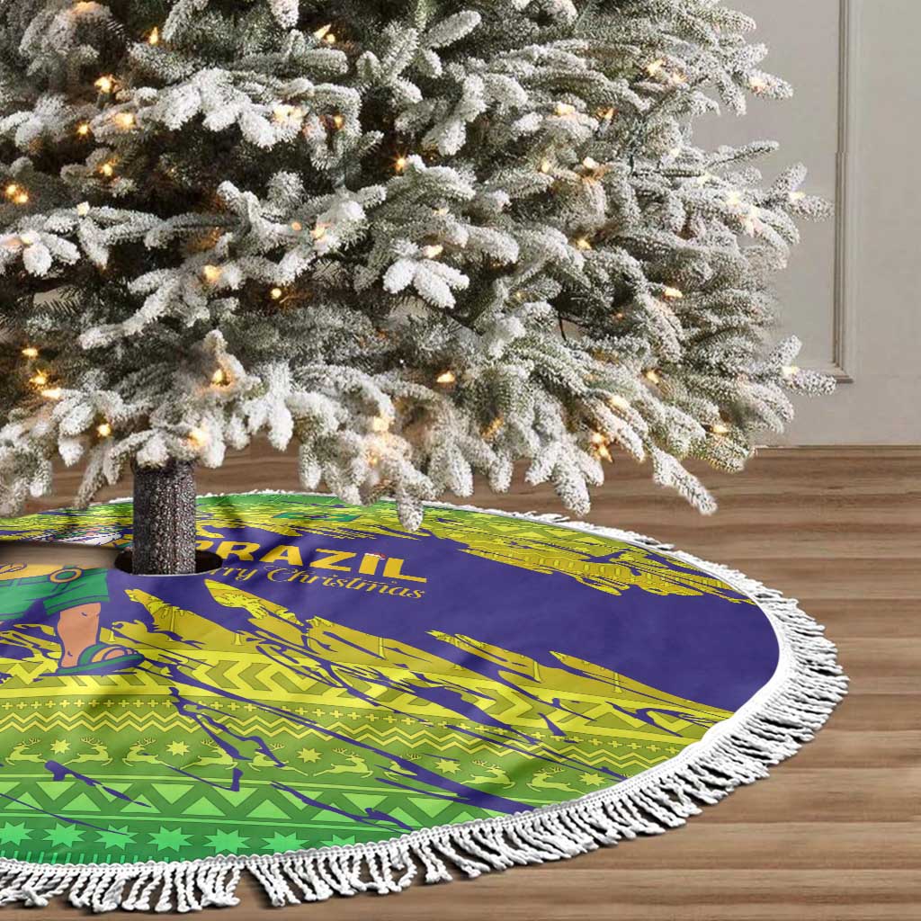 Brazil Christmas Tree Skirt with Tropical Santa Tribal Pattern National Colors and Merry Christmas Text Design - Wonder Print Shop