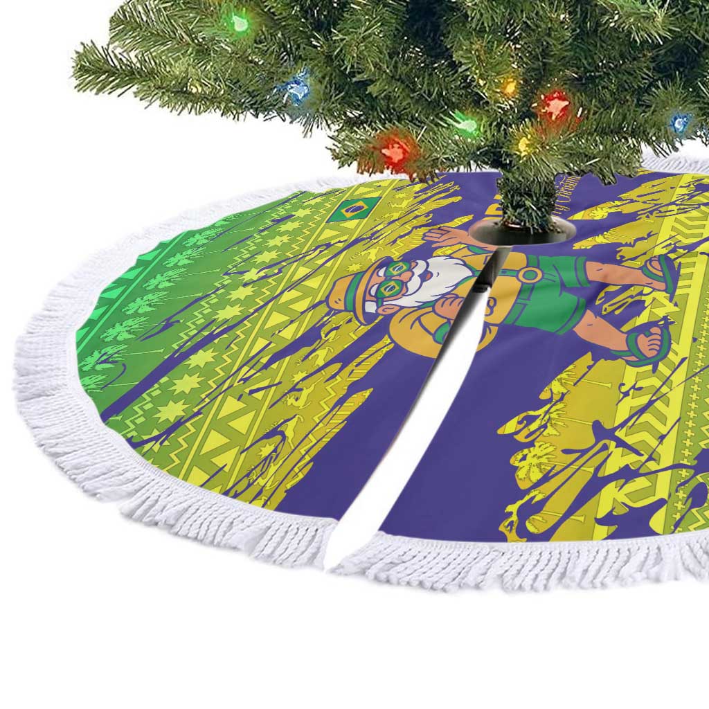 Brazil Christmas Tree Skirt with Tropical Santa Tribal Pattern National Colors and Merry Christmas Text Design - Wonder Print Shop