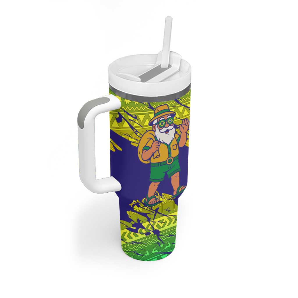 Brazil Christmas Tumbler With Handle with Tropical Santa Tribal Pattern National Colors and Merry Christmas Text Design - Wonder Print Shop