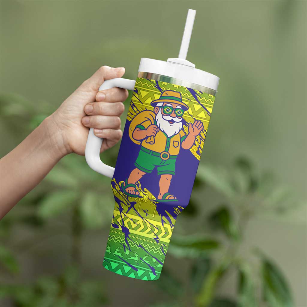 Brazil Christmas Tumbler With Handle with Tropical Santa Tribal Pattern National Colors and Merry Christmas Text Design - Wonder Print Shop