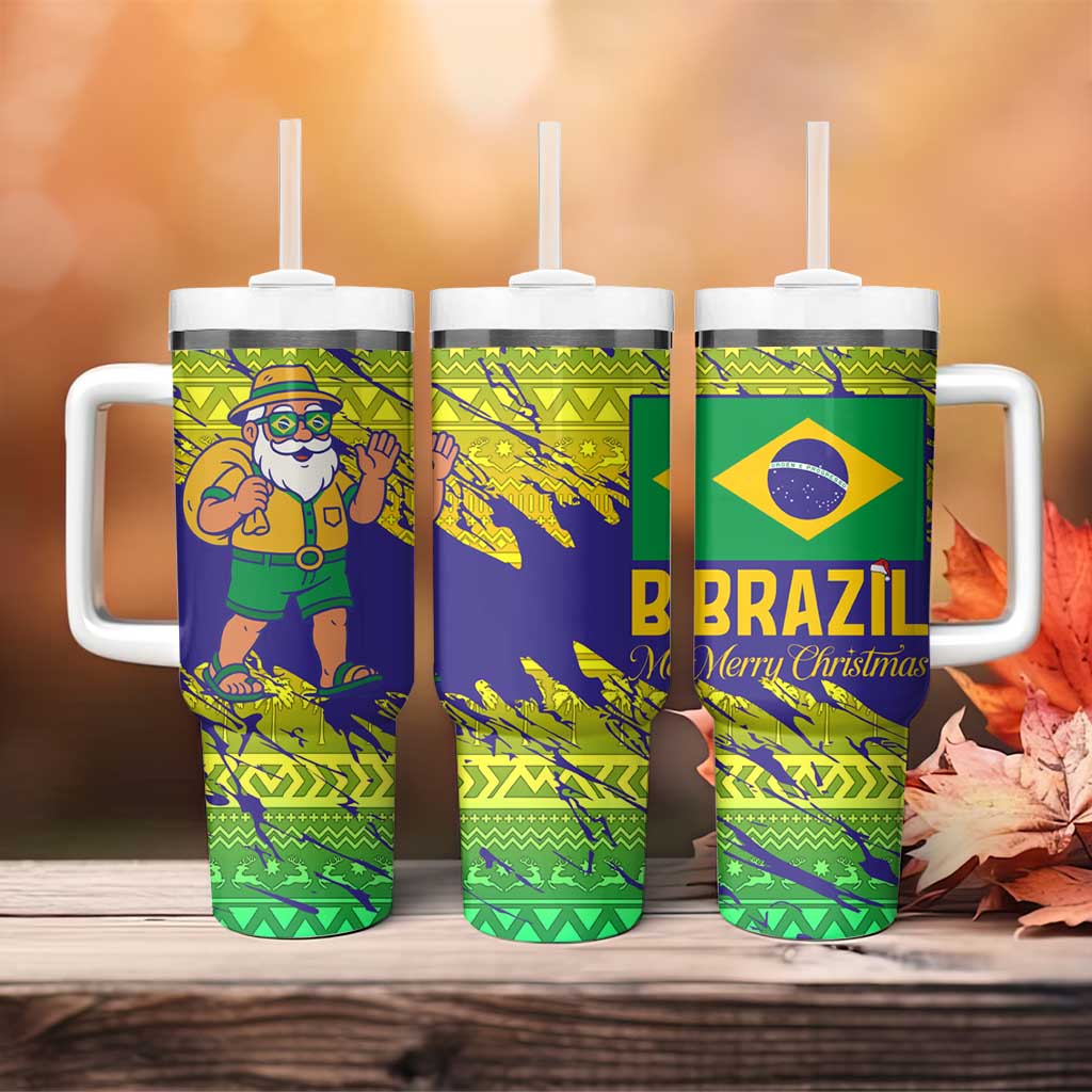Brazil Christmas Tumbler With Handle with Tropical Santa Tribal Pattern National Colors and Merry Christmas Text Design - Wonder Print Shop