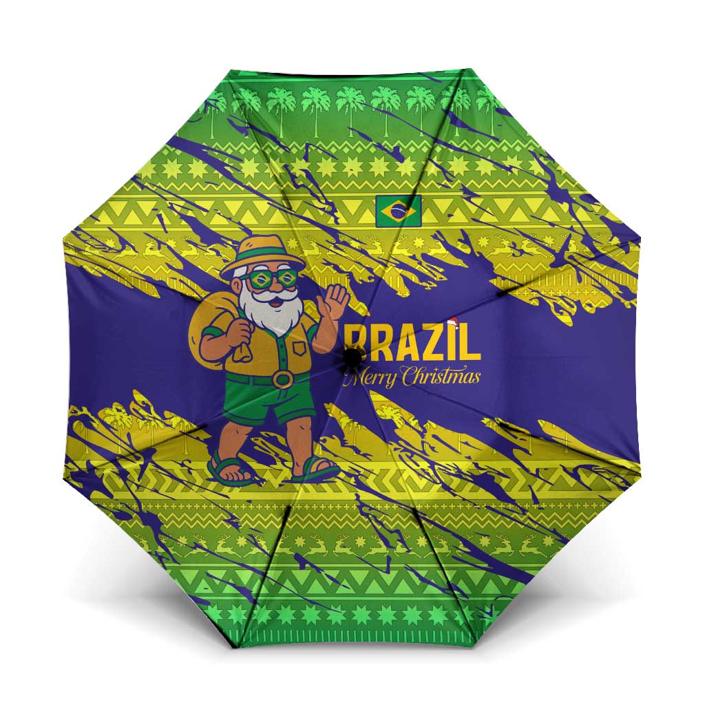 Brazil Christmas Umbrella with Tropical Santa Tribal Pattern National Colors and Merry Christmas Text Design - Wonder Print Shop