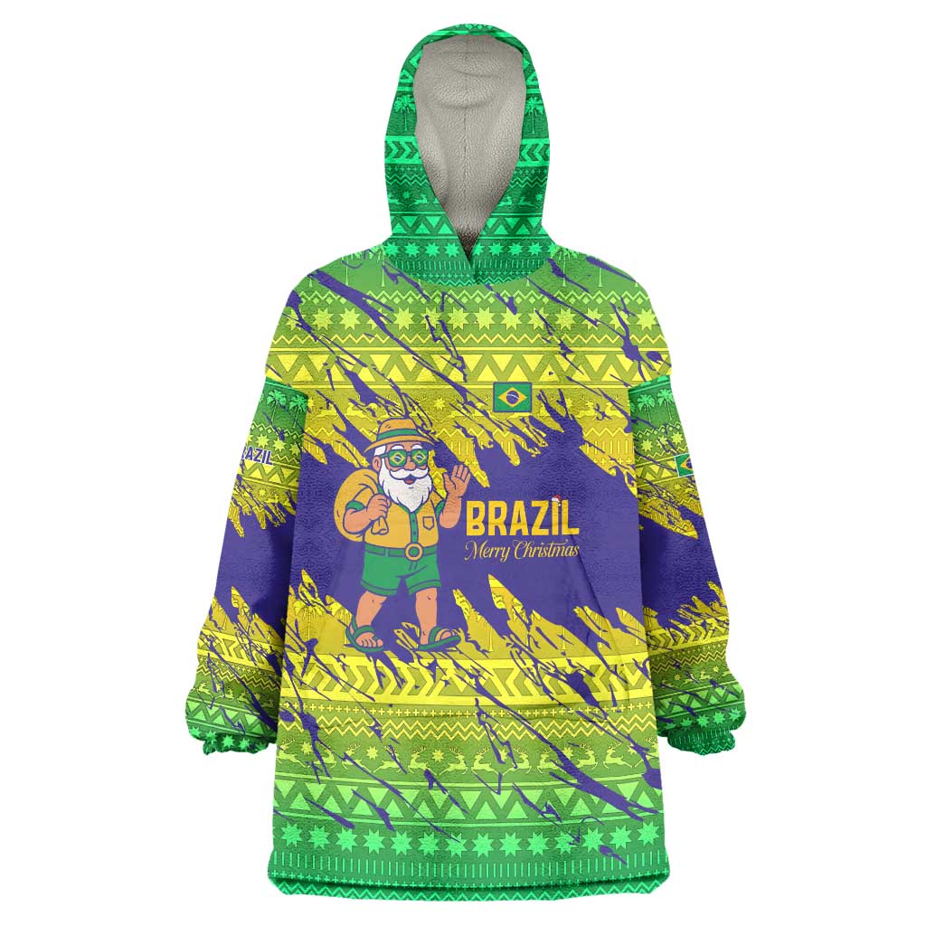 Brazil Christmas Wearable Blanket Hoodie with Tropical Santa Tribal Pattern National Colors and Merry Christmas Text Design - Wonder Print Shop