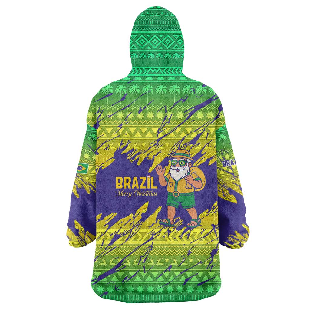 Brazil Christmas Wearable Blanket Hoodie with Tropical Santa Tribal Pattern National Colors and Merry Christmas Text Design - Wonder Print Shop