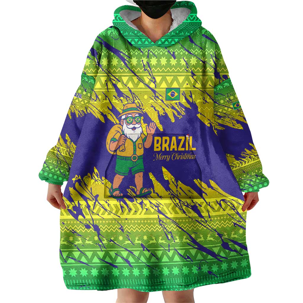 Brazil Christmas Wearable Blanket Hoodie with Tropical Santa Tribal Pattern National Colors and Merry Christmas Text Design - Wonder Print Shop