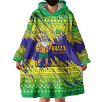 Brazil Christmas Wearable Blanket Hoodie with Tropical Santa Tribal Pattern National Colors and Merry Christmas Text Design - Wonder Print Shop
