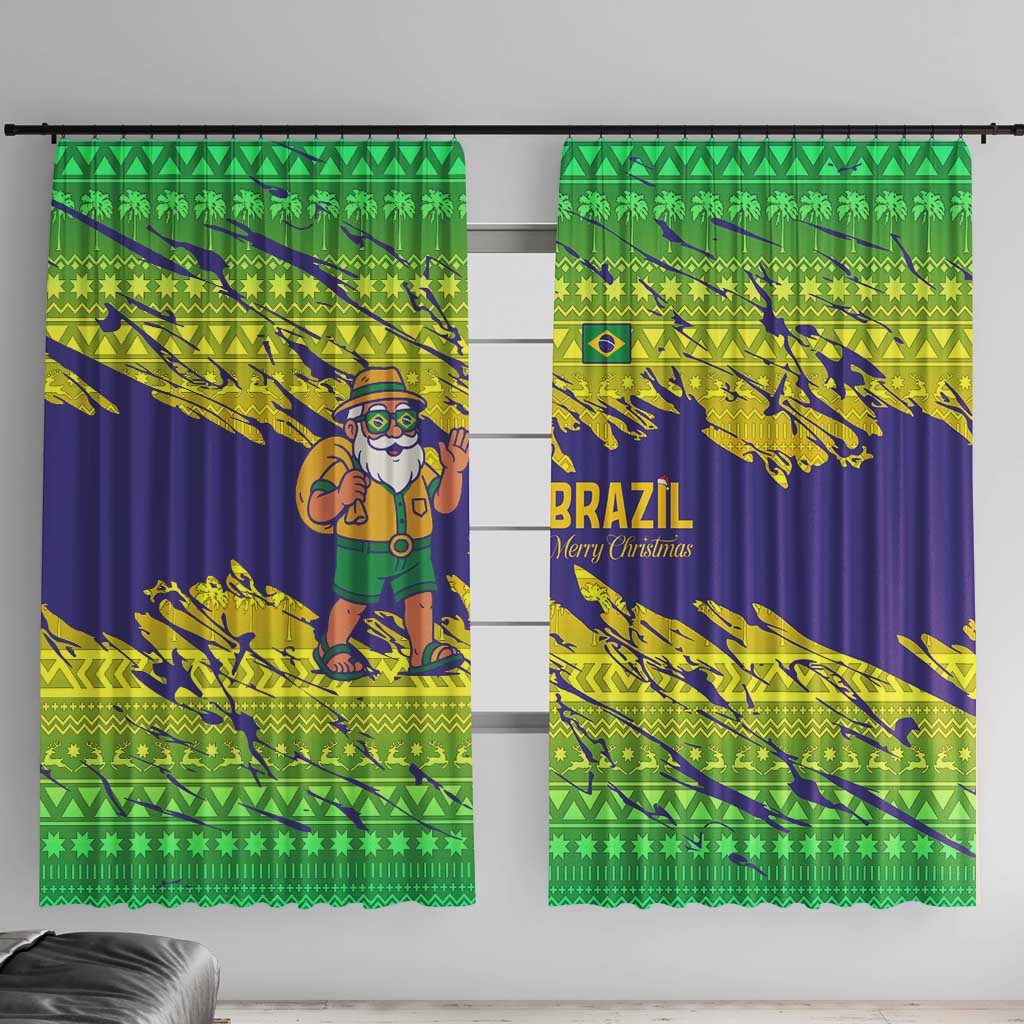 Brazil Christmas Window Curtain with Tropical Santa Tribal Pattern National Colors and Merry Christmas Text Design - Wonder Print Shop