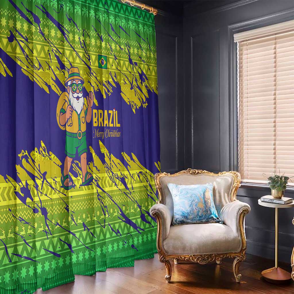 Brazil Christmas Window Curtain with Tropical Santa Tribal Pattern National Colors and Merry Christmas Text Design - Wonder Print Shop