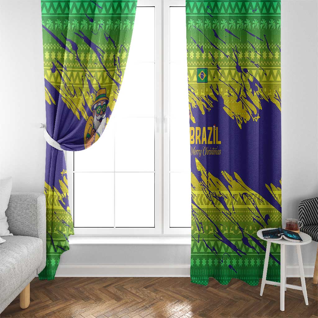 Brazil Christmas Window Curtain with Tropical Santa Tribal Pattern National Colors and Merry Christmas Text Design - Wonder Print Shop