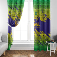 Brazil Christmas Window Curtain with Tropical Santa Tribal Pattern National Colors and Merry Christmas Text Design - Wonder Print Shop