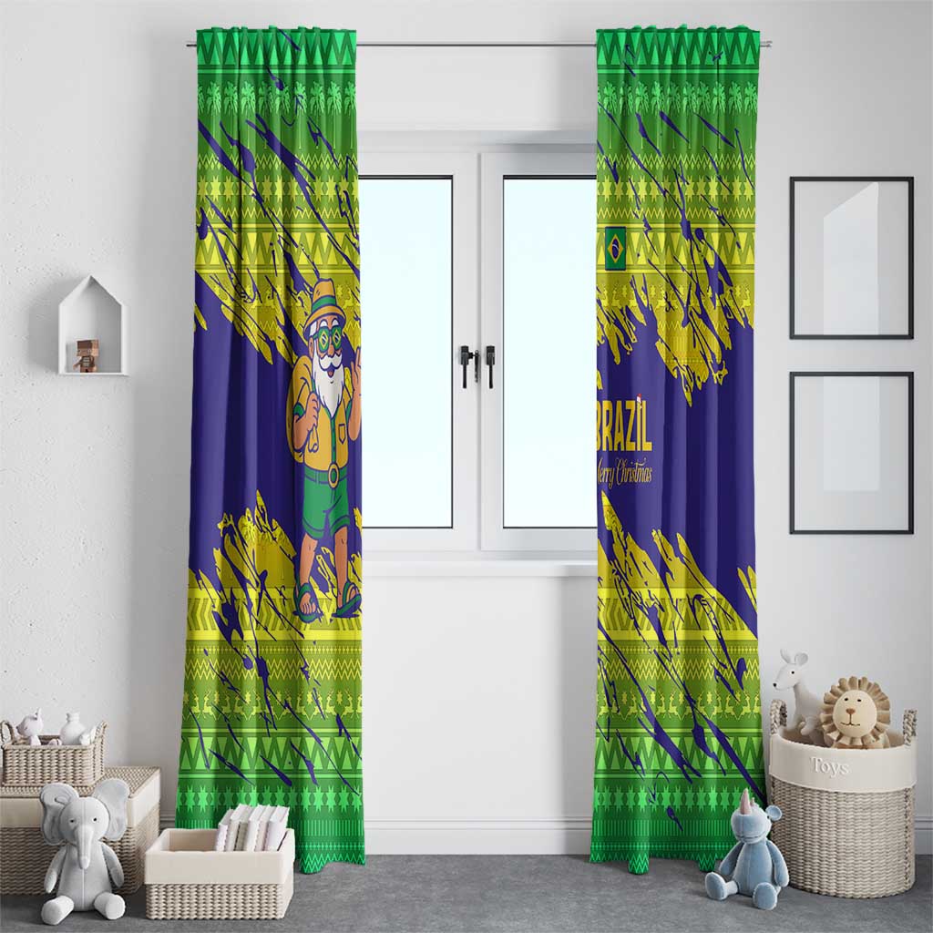 Brazil Christmas Window Curtain with Tropical Santa Tribal Pattern National Colors and Merry Christmas Text Design - Wonder Print Shop
