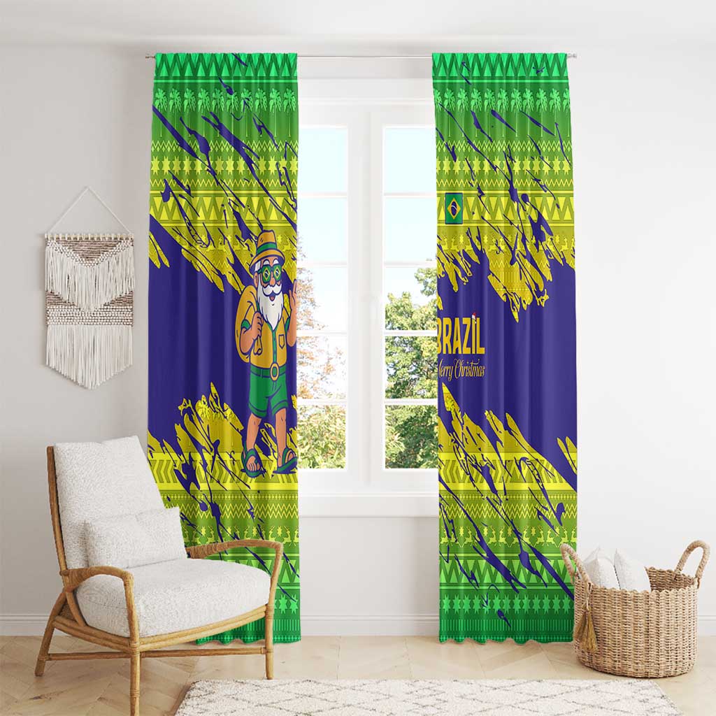 Brazil Christmas Window Curtain with Tropical Santa Tribal Pattern National Colors and Merry Christmas Text Design - Wonder Print Shop