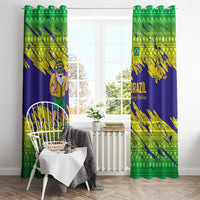 Brazil Christmas Window Curtain with Tropical Santa Tribal Pattern National Colors and Merry Christmas Text Design - Wonder Print Shop