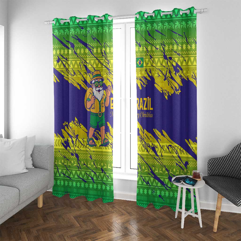 Brazil Christmas Window Curtain with Tropical Santa Tribal Pattern National Colors and Merry Christmas Text Design - Wonder Print Shop