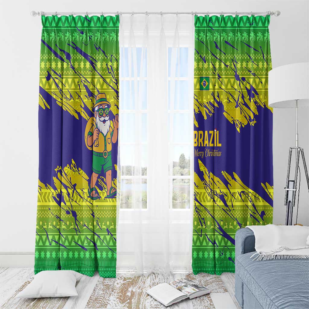 Brazil Christmas Window Curtain with Tropical Santa Tribal Pattern National Colors and Merry Christmas Text Design - Wonder Print Shop