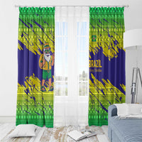 Brazil Christmas Window Curtain with Tropical Santa Tribal Pattern National Colors and Merry Christmas Text Design - Wonder Print Shop