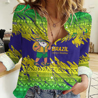 Brazil Christmas Women Casual Shirt with Tropical Santa Tribal Pattern National Colors and Merry Christmas Text Design - Wonder Print Shop
