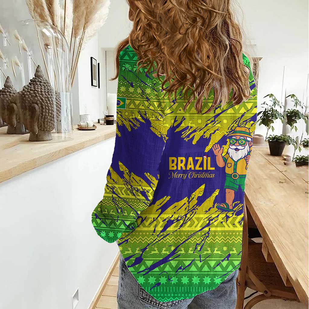 Brazil Christmas Women Casual Shirt with Tropical Santa Tribal Pattern National Colors and Merry Christmas Text Design - Wonder Print Shop