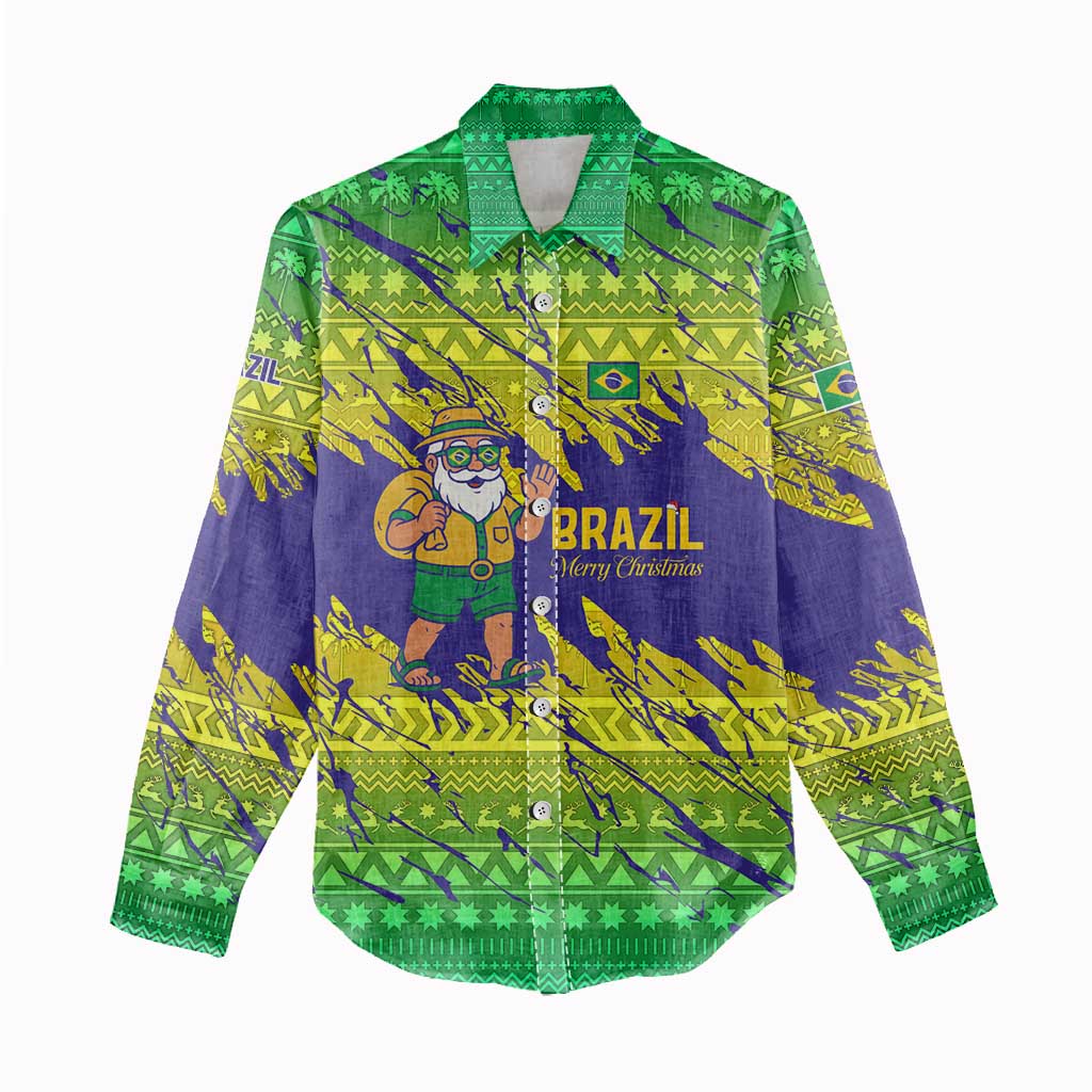 Brazil Christmas Women Casual Shirt with Tropical Santa Tribal Pattern National Colors and Merry Christmas Text Design - Wonder Print Shop