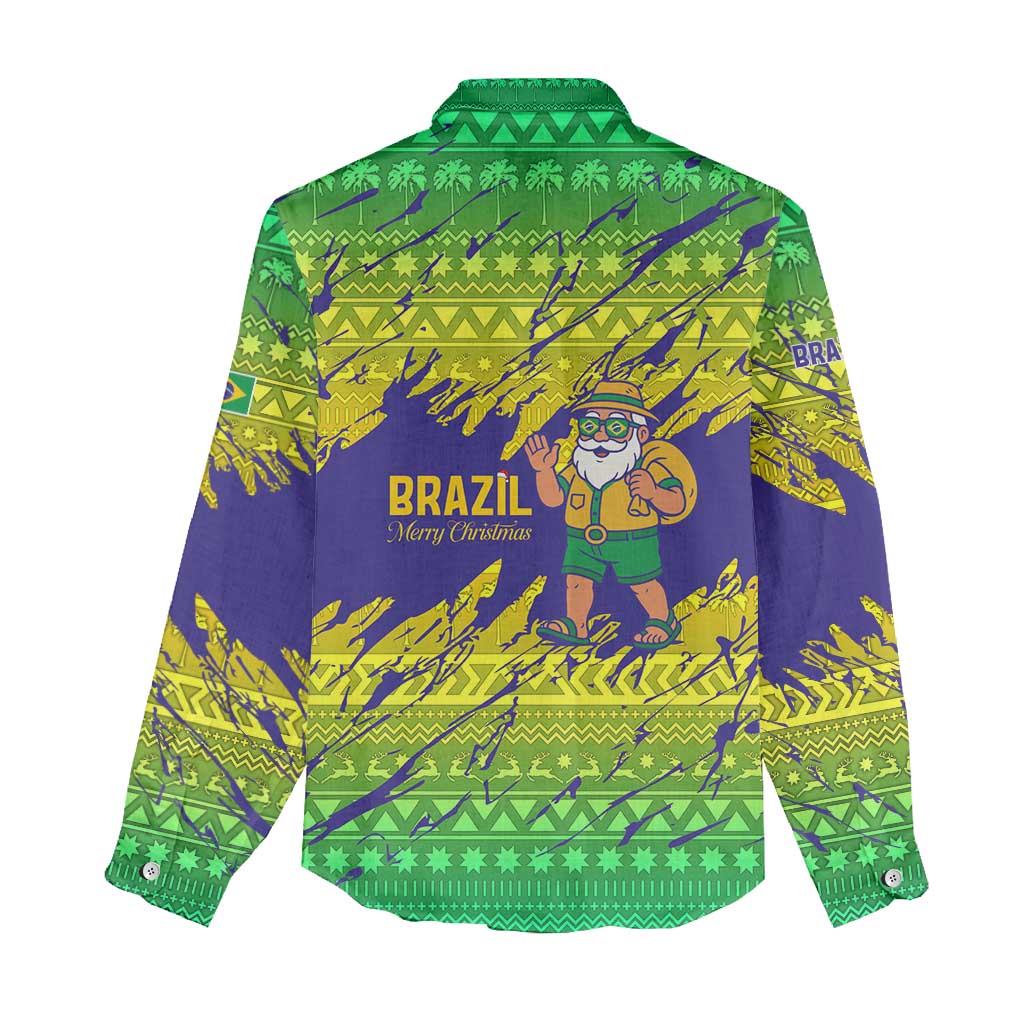 Brazil Christmas Women Casual Shirt with Tropical Santa Tribal Pattern National Colors and Merry Christmas Text Design - Wonder Print Shop