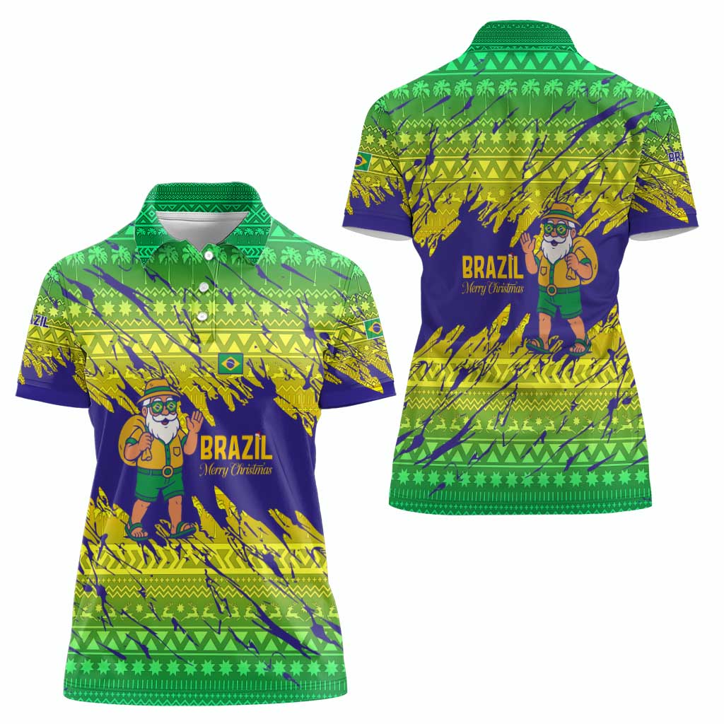 Brazil Christmas Women Polo Shirt with Tropical Santa Tribal Pattern National Colors and Merry Christmas Text Design - Wonder Print Shop