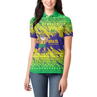 Brazil Christmas Women Polo Shirt with Tropical Santa Tribal Pattern National Colors and Merry Christmas Text Design - Wonder Print Shop