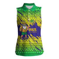 Brazil Christmas Women Sleeveless Polo Shirt with Tropical Santa Tribal Pattern National Colors and Merry Christmas Text Design - Wonder Print Shop