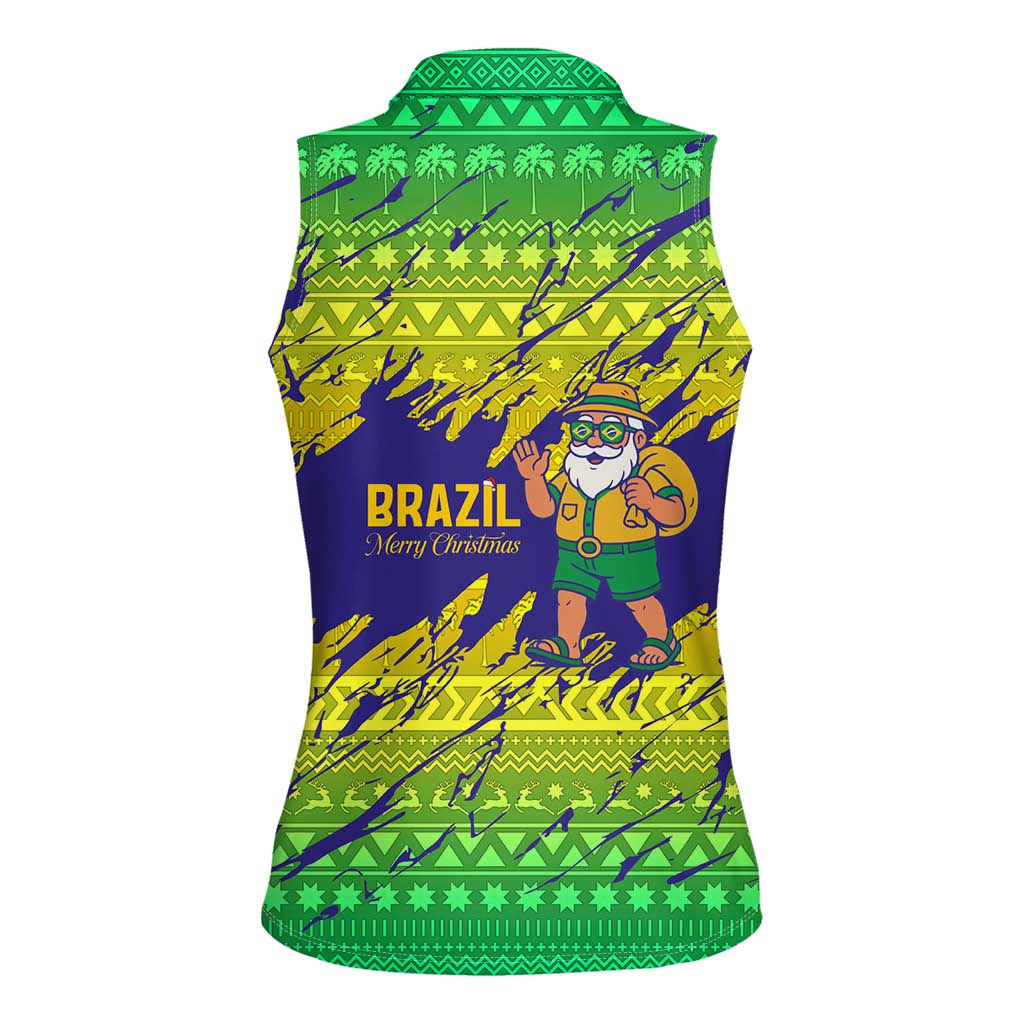 Brazil Christmas Women Sleeveless Polo Shirt with Tropical Santa Tribal Pattern National Colors and Merry Christmas Text Design - Wonder Print Shop