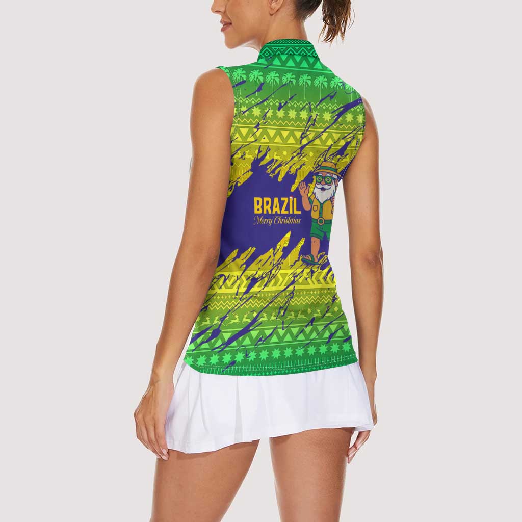 Brazil Christmas Women Sleeveless Polo Shirt with Tropical Santa Tribal Pattern National Colors and Merry Christmas Text Design - Wonder Print Shop
