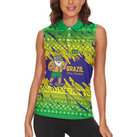 Brazil Christmas Women Sleeveless Polo Shirt with Tropical Santa Tribal Pattern National Colors and Merry Christmas Text Design - Wonder Print Shop