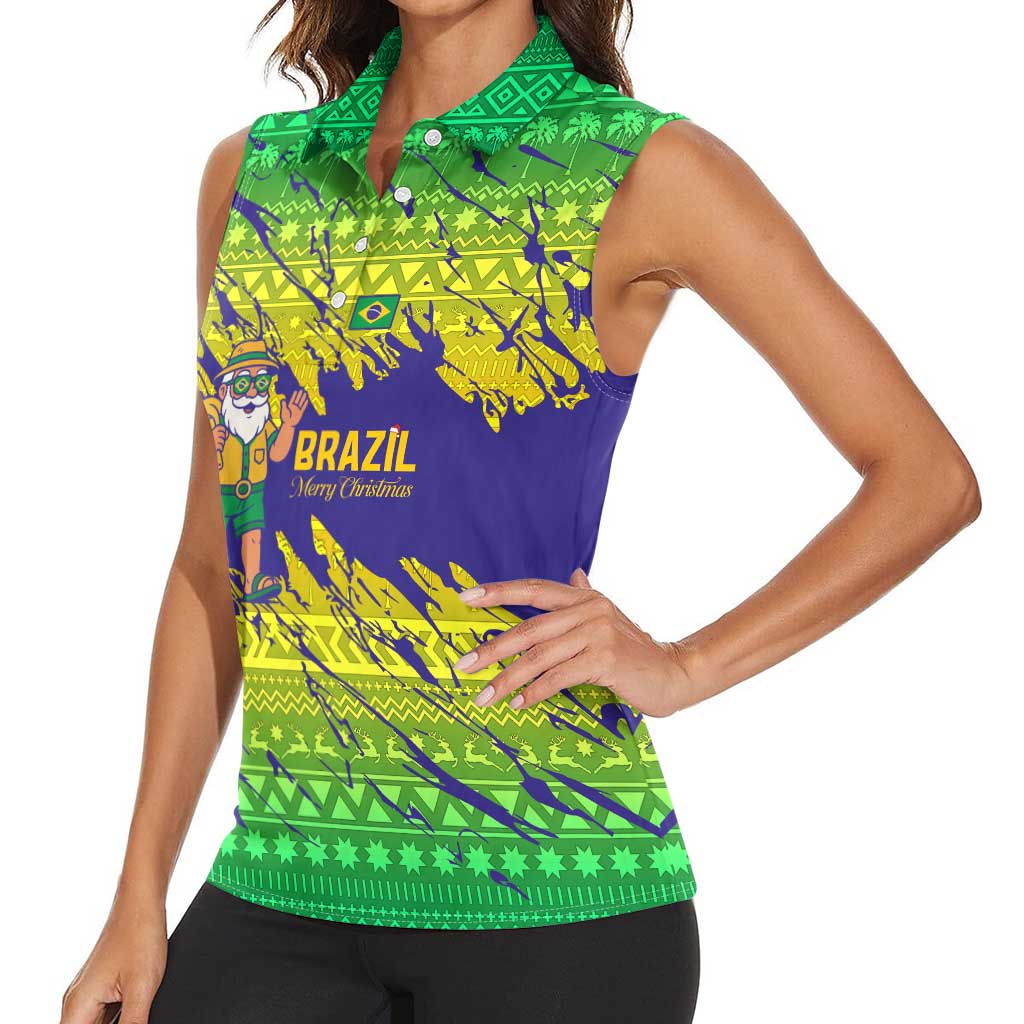 Brazil Christmas Women Sleeveless Polo Shirt with Tropical Santa Tribal Pattern National Colors and Merry Christmas Text Design - Wonder Print Shop