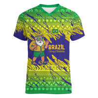 Brazil Christmas Women V-Neck T-Shirt with Tropical Santa Tribal Pattern National Colors and Merry Christmas Text Design - Wonder Print Shop
