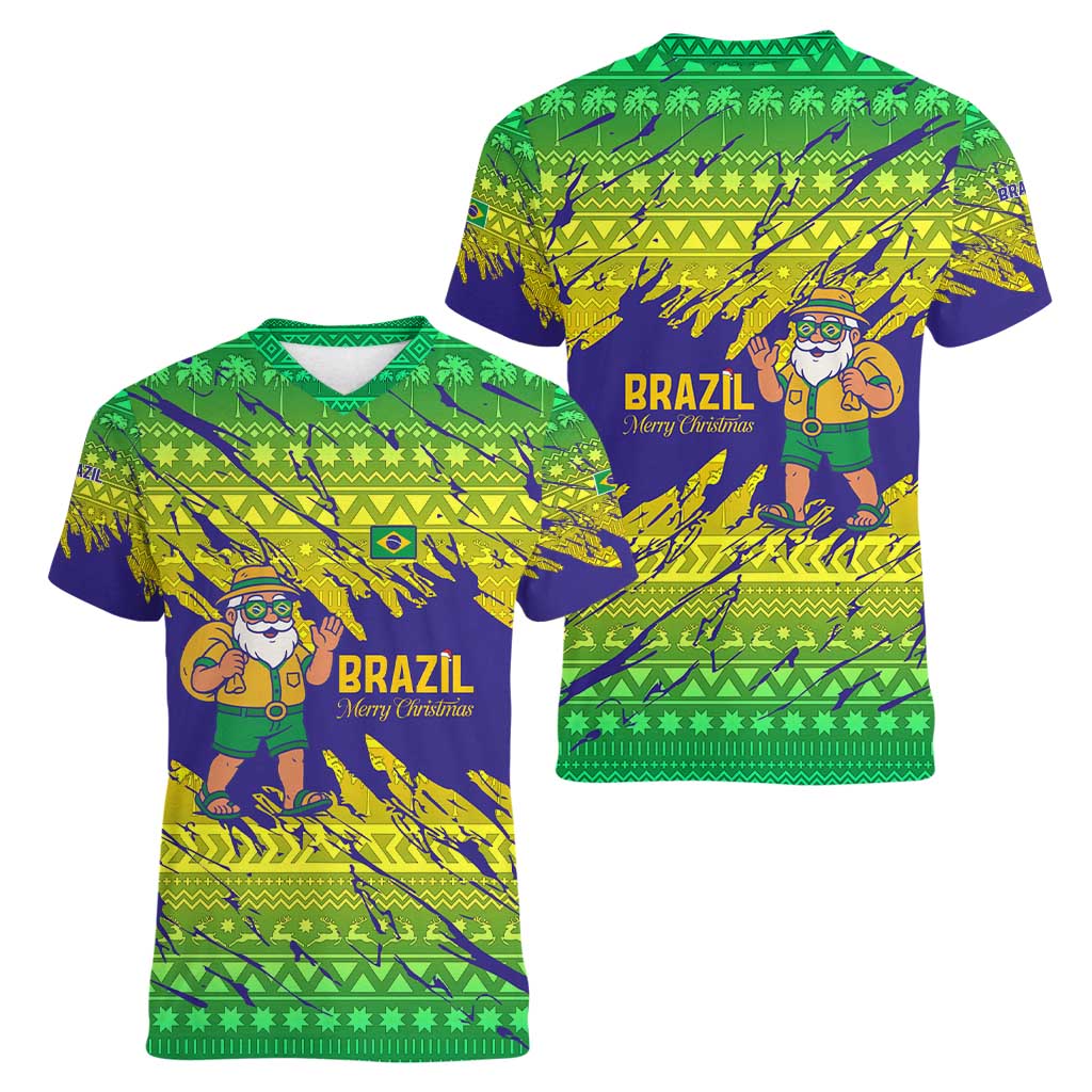 Brazil Christmas Women V-Neck T-Shirt with Tropical Santa Tribal Pattern National Colors and Merry Christmas Text Design - Wonder Print Shop