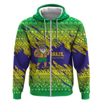 Brazil Christmas Zip Hoodie with Tropical Santa Tribal Pattern National Colors and Merry Christmas Text Design - Wonder Print Shop
