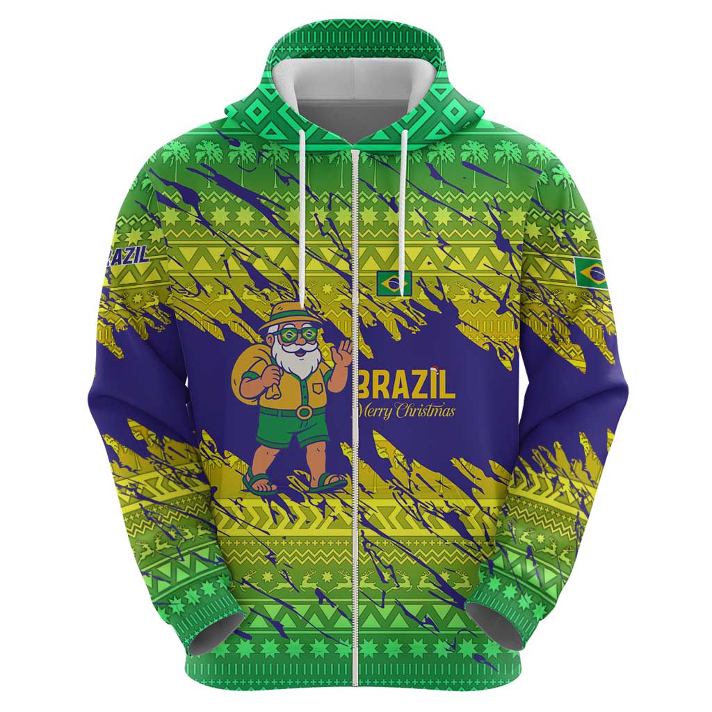 Brazil Christmas Zip Hoodie with Tropical Santa Tribal Pattern National Colors and Merry Christmas Text Design - Wonder Print Shop