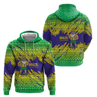 Brazil Christmas Zip Hoodie with Tropical Santa Tribal Pattern National Colors and Merry Christmas Text Design - Wonder Print Shop