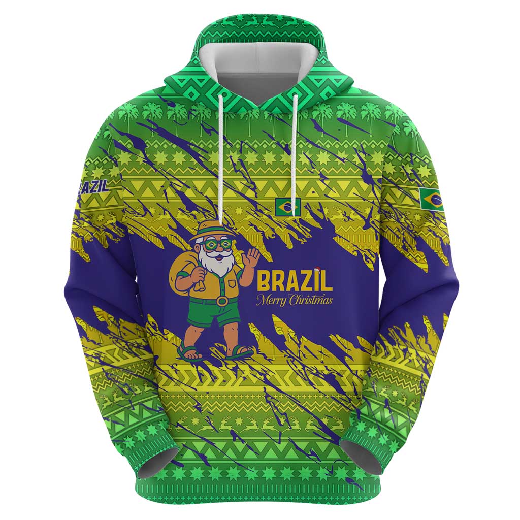 Brazil Christmas Zip Hoodie with Tropical Santa Tribal Pattern National Colors and Merry Christmas Text Design - Wonder Print Shop