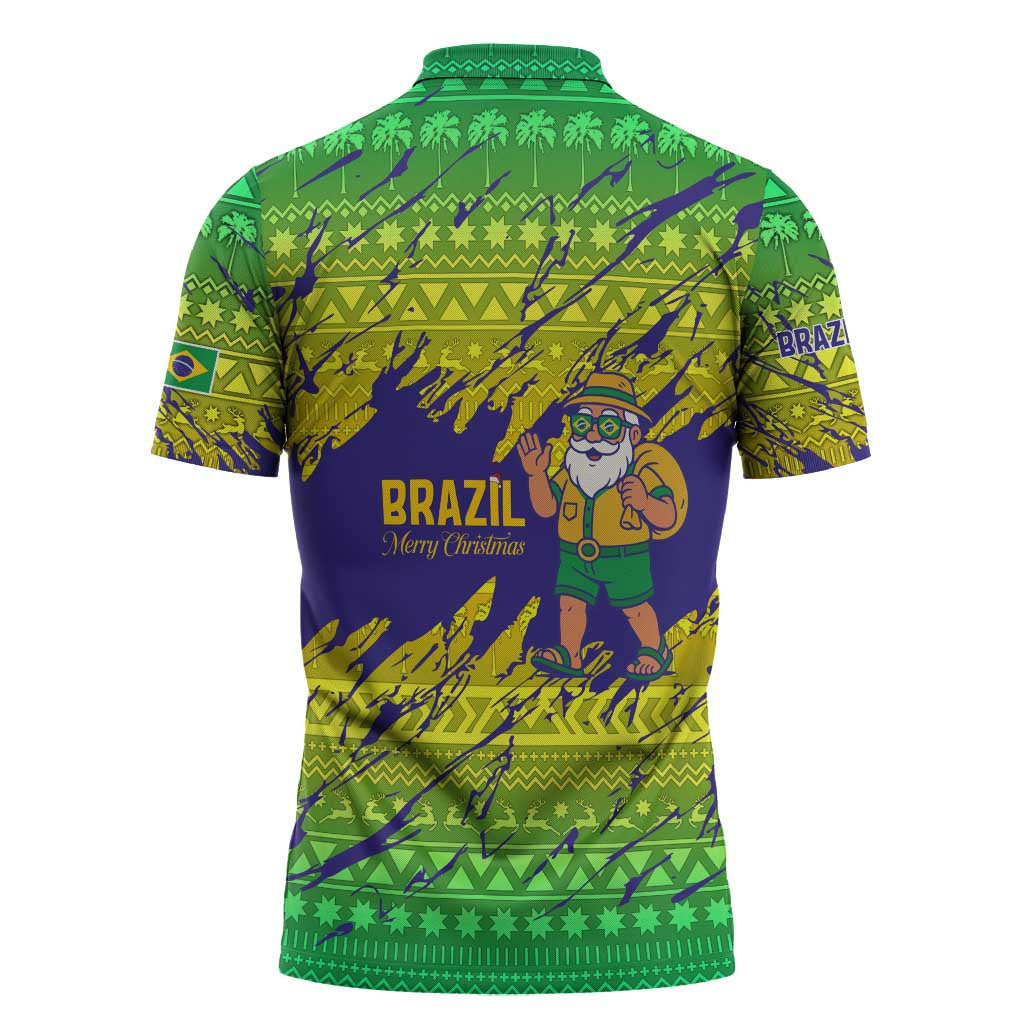 Brazil Christmas Zipper Polo Shirt with Tropical Santa Tribal Pattern National Colors and Merry Christmas Text Design - Wonder Print Shop