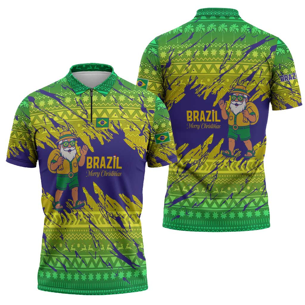Brazil Christmas Zipper Polo Shirt with Tropical Santa Tribal Pattern National Colors and Merry Christmas Text Design - Wonder Print Shop