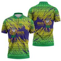 Brazil Christmas Zipper Polo Shirt with Tropical Santa Tribal Pattern National Colors and Merry Christmas Text Design - Wonder Print Shop