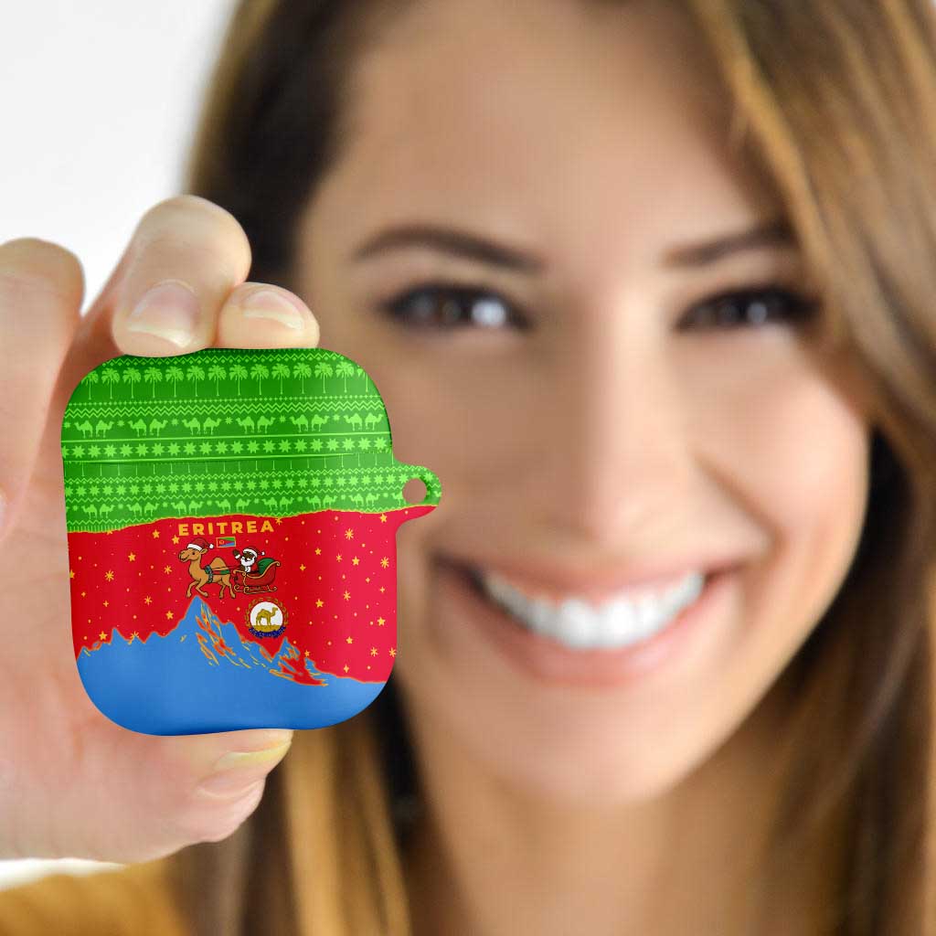 Eritrea Christmas AirPods Case with Santa Claus Camel Sleigh National Emblem and Red Green Blue Pattern - Wonder Print Shop