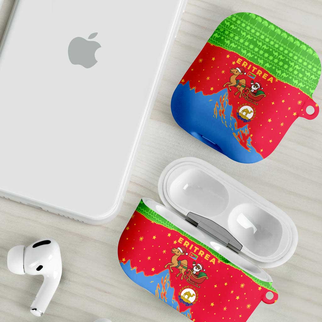 Eritrea Christmas AirPods Case with Santa Claus Camel Sleigh National Emblem and Red Green Blue Pattern - Wonder Print Shop