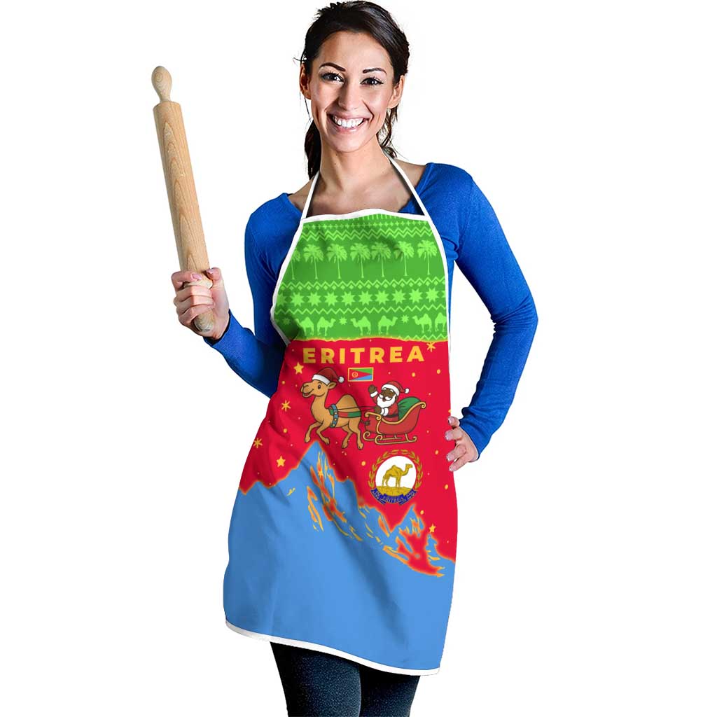 Eritrea Christmas Apron with Santa Claus Camel Sleigh National Emblem and Red Green Blue Pattern - Wonder Print Shop